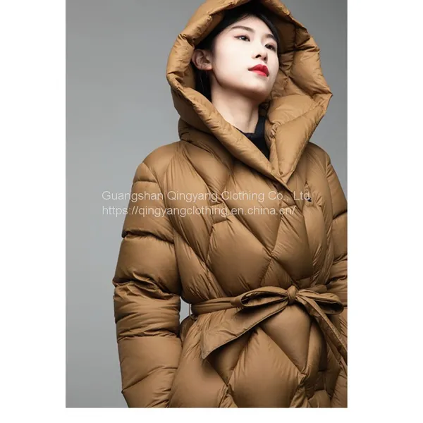 2023 High Quality Wholesale Quilted Hooded Down Padded Jacket With Belt Winter Coats for Women photo-3