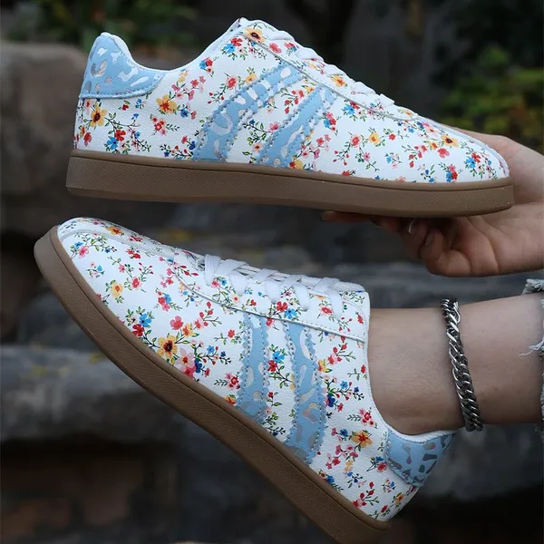 Racing Red Fresh Floral Print Color Block Detail Lace Up Shoes Coffee Faux Suede Leopard Color Block Patchwork Sneakers Women Skateboard Trainner