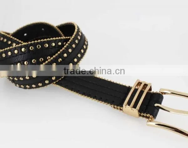 Women's Fashion Gold Metal Studded PU Black Leather Jeans Belt With Double Bean Chian photo-5
