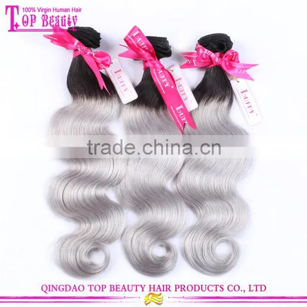 Factory Price Brazilian Sliver Grey Ombre Human Hair Extensions Body Wave Two Tone Grey Human Hair Weaving
