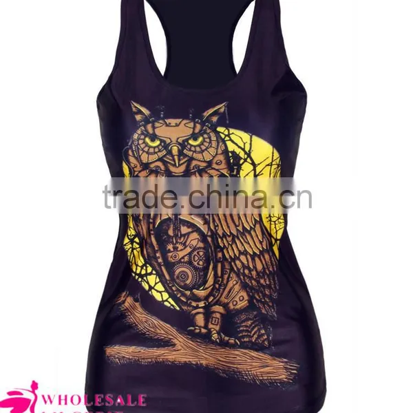 Black Summer Printing Mechanical Owl on the Moon Background Tank Tops for Women