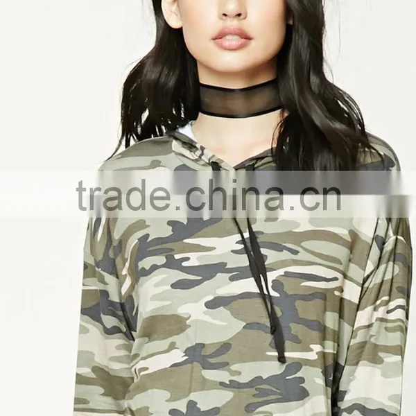 Pullover Hoodie Manufacturers, 95% Rayon 5% Spandex Long Dolman Sleeves Camo Print Cropped Hoodie Ladies photo-2
