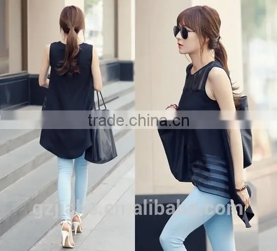 Blusas Femininas 2015 Summer Black Tulle Blusa Women Blouses Ladies Clothing Organza Sleeveless Striped Chiffon Blouse photo-3