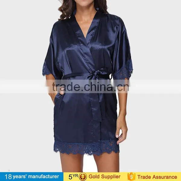 Sexy Women Plus Size Lace Knee Length Lingerie Bathrobe Silk Satin Kimono Bride Bridesmaids Robes for Wedding Party 2017 photo-2