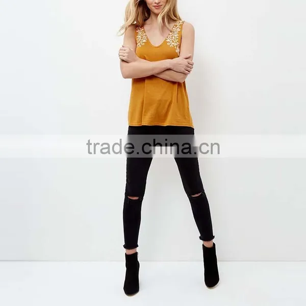 2016 Latest Women Deep V Neckline Sleeveless Embroidered Design Vest HST9314 photo-5