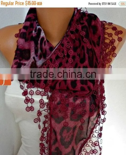 Burgundy Leopard Print Scarf Animal Scarf Shawl Cowl Scarf Necklace Cotton Scarf Gift Ideas For Her Women Fashion Accessories - photo-3