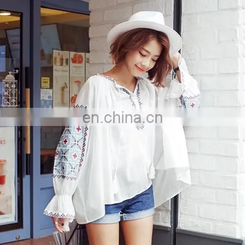 J0761 Ladies Cotton Long Sleeve Mexican Embroidery Tops for Women 2016