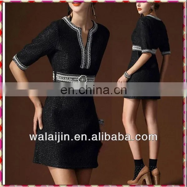 Elegent Short Sleeve Ladies Beaded Business Dress