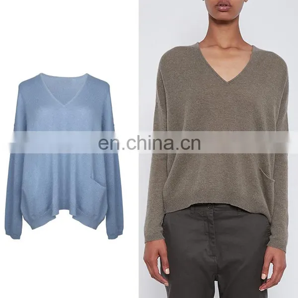 Laides Slouchy Long Sleeve Front Pouch Cashmere Fibre Knit Women v Neck Tshirt