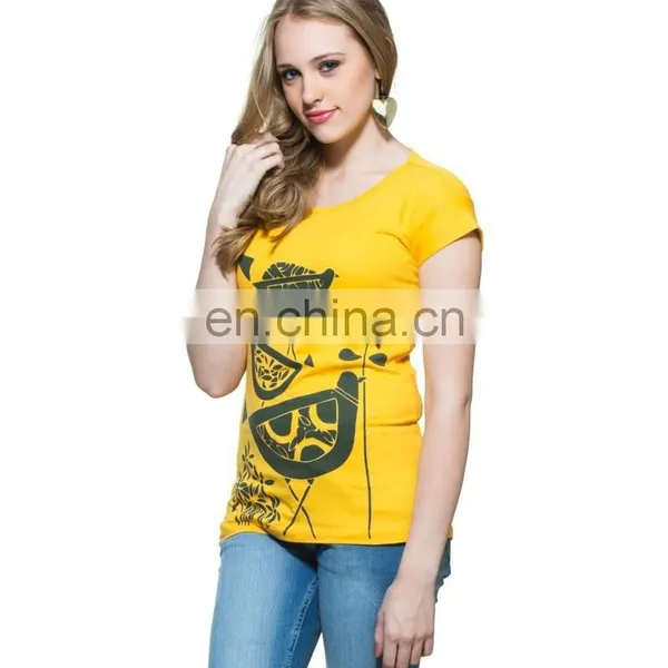 2015 New Arrival Wholesale Garments Customize Made Women Top Yellow Elegant Print Fashionable Hot T-shirt for Girls photo-3