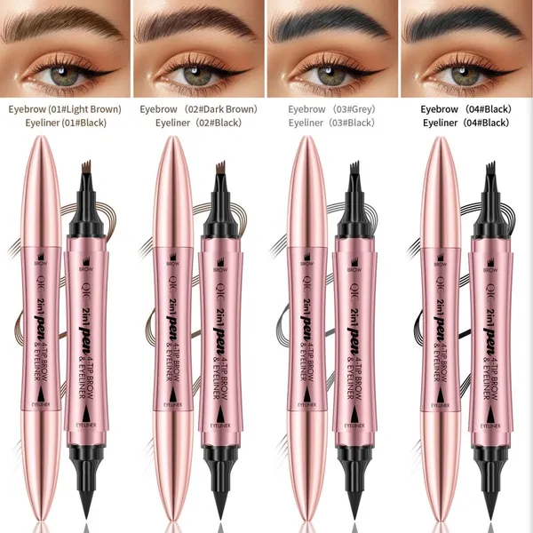 QIC Rose Gold Dual-Ended 4-Tip Eyebrow Pen & Eyeliner (Waterproof & Smudge-Proof) 4-Tip Forked Liquid Eyebrow Pen for Natural, Feathered Brows photo-2