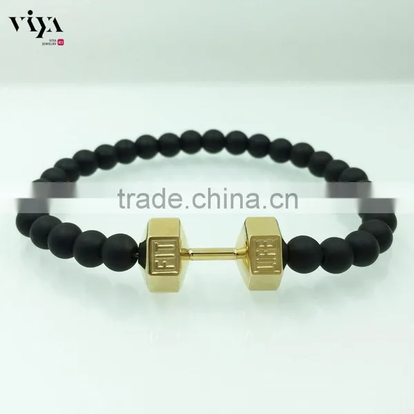 Accept 3d Drawing Design Jewelry Gym Men Dumbbell Plus Beads Bracelet 18k Gold Plated Gym Tools for Sports Men Engraving Logo