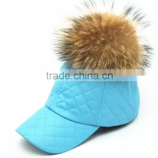 Fashion Plaid Sport Hat With Real Raccoon Fur Balls PU Leather Snapback Baseball Caps With Animal Fur Pompoms photo-2