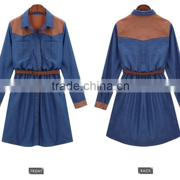 2015 Fashion High Quality New Arrival Girls Long Sleeve Denim Winter Dress With Contrast Color photo-2