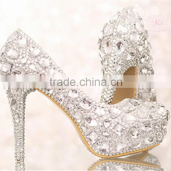 OW15 Silver Ladies Wedding Shoes High Heel Crystal Wedding Shoes