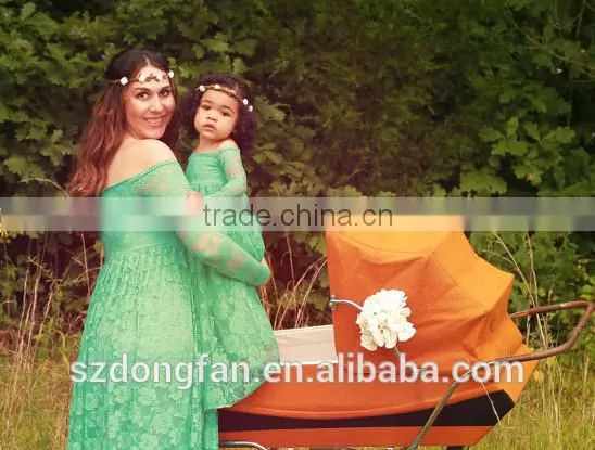 Mommy And Daughter Turquoise Lace Dress Maternity Floor Length Lace Eyelash Gown Dress photo-2