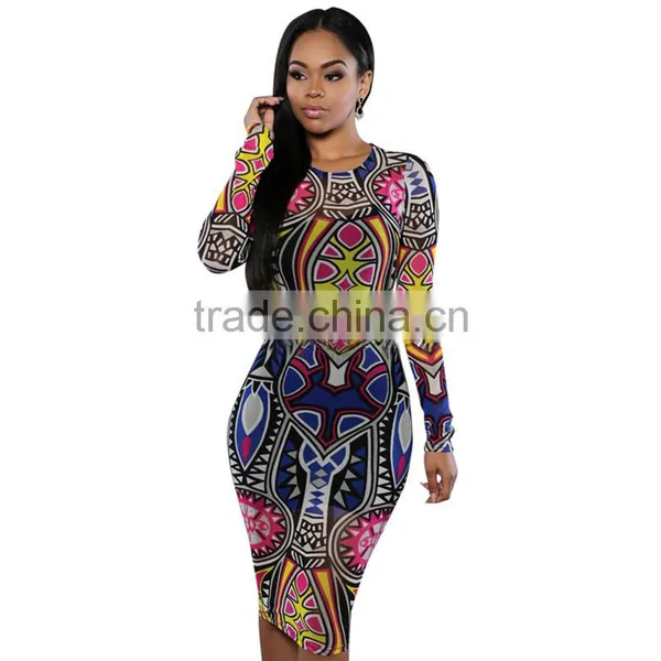 Walson F20328A African Fashion Women Bodycon Dress Ethnic Style Printing Long Sleeve African Dress for Women photo-2