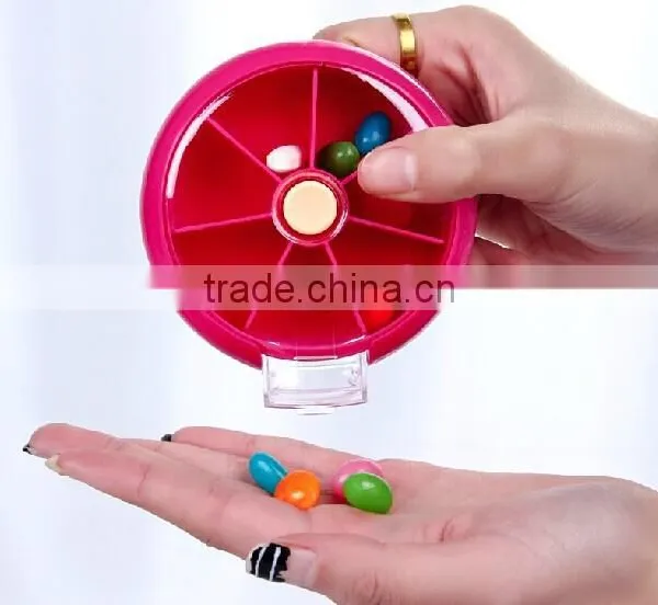 7 Day Round Rotating Press Button Plastic Pill Box/ 7comparment Plastic Pill Case