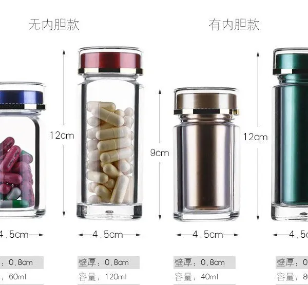 Botella de Plastico Transparente Para Pastillas, Capsula Vacia de Doble Pared Personalizada, de Alta Calidad, al Por Mayor 30ml, 40ml, 60ml, 80ml