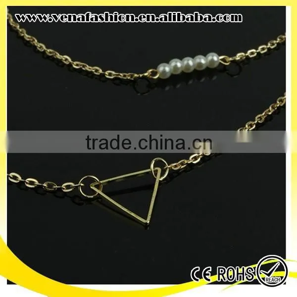 Double Layers Thin Simple Gold Long Chain Pearl Necklace photo-3