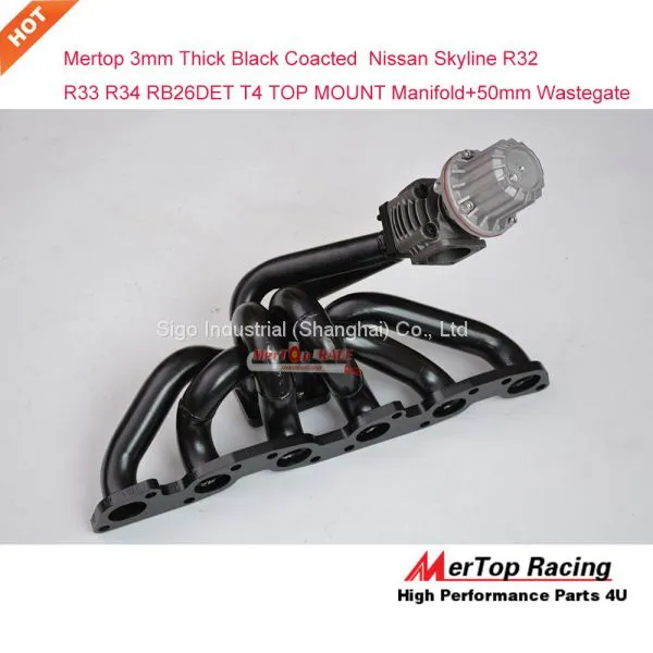 Mertop 3mm Thick Black Coated Niss** Skyline GTR R32 R33 R34 RB26DETT RB26 T4 TOP MOUNT Turbo Exhaust Manifold+50mm Wast photo-4