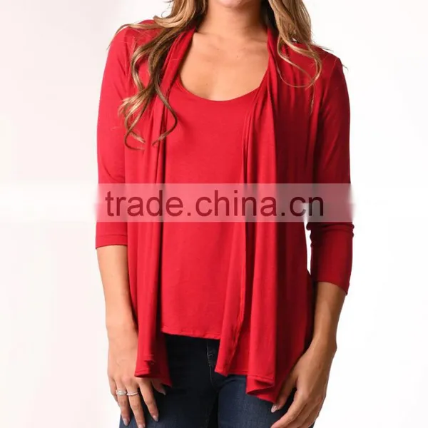 OEM Women Fashion Long Sleeve Red Layered Cardigan Without Hooded Open-Front Cardigan Without Buttons Plain Dyed Cotton Cardigan photo-2