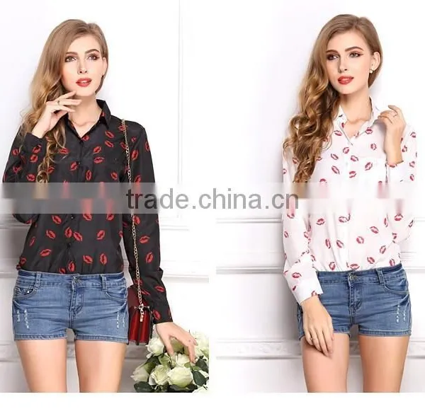 2015 Newest Hot Sell Best Summer Fashion Lip Prints t Shirt Ladies Blouse Designs Women Shirt With Long Sleeve photo-3