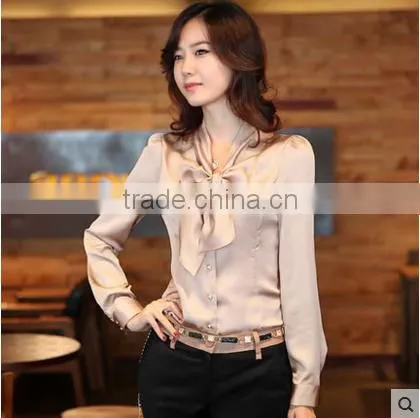 F20046B Korea Style Long Sleeve Bowknot Women Blouse Slim Tops Design photo-4