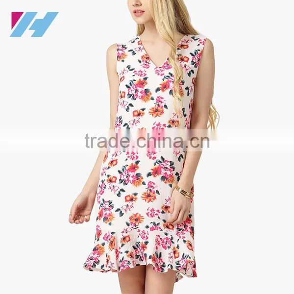 Summer Latest Fashion V Neck Floral Printed Mini Shift Dress Pattern 2016 photo-2