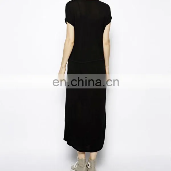 CHEFON Plain Black Maxi Dress With Drawstring Waist photo-3