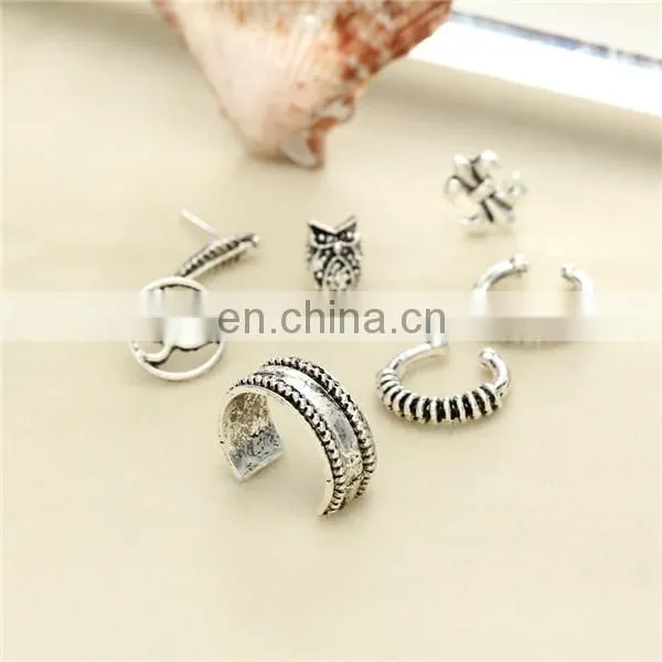 7pcs/set Bohemian Retro Owl Leaf Suit Cuff Stud Earrings Earring Set photo-4